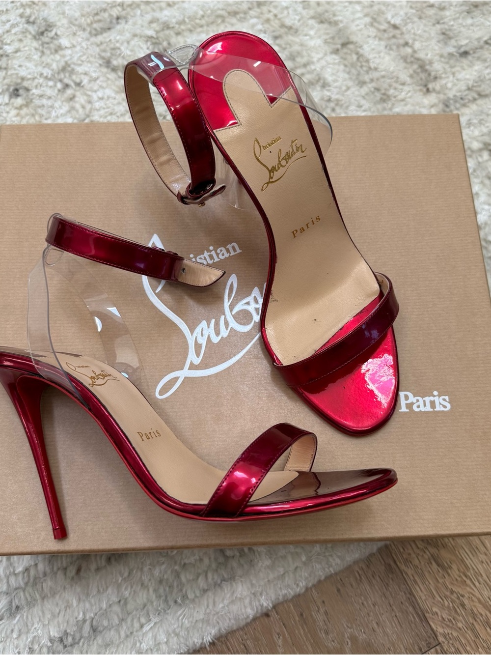 Christian Louboutin Metallic Red Patent and Clear PVC Stiletto Sandals 39.5